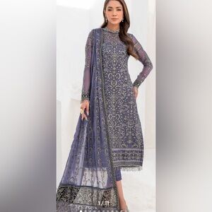 Ornate Long Sleeve Women's Dress in grayish blue ting embroidered medium size